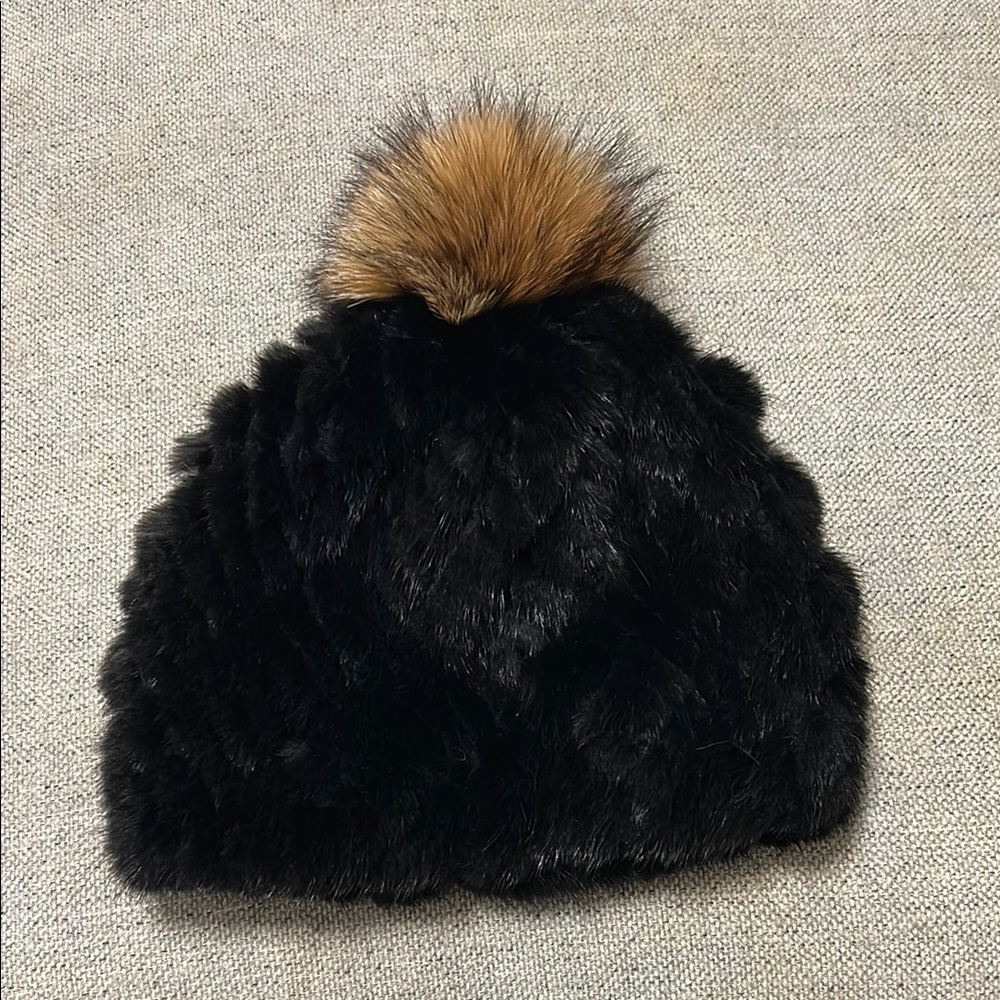 Black Mink Beanie with Raccoon Pom